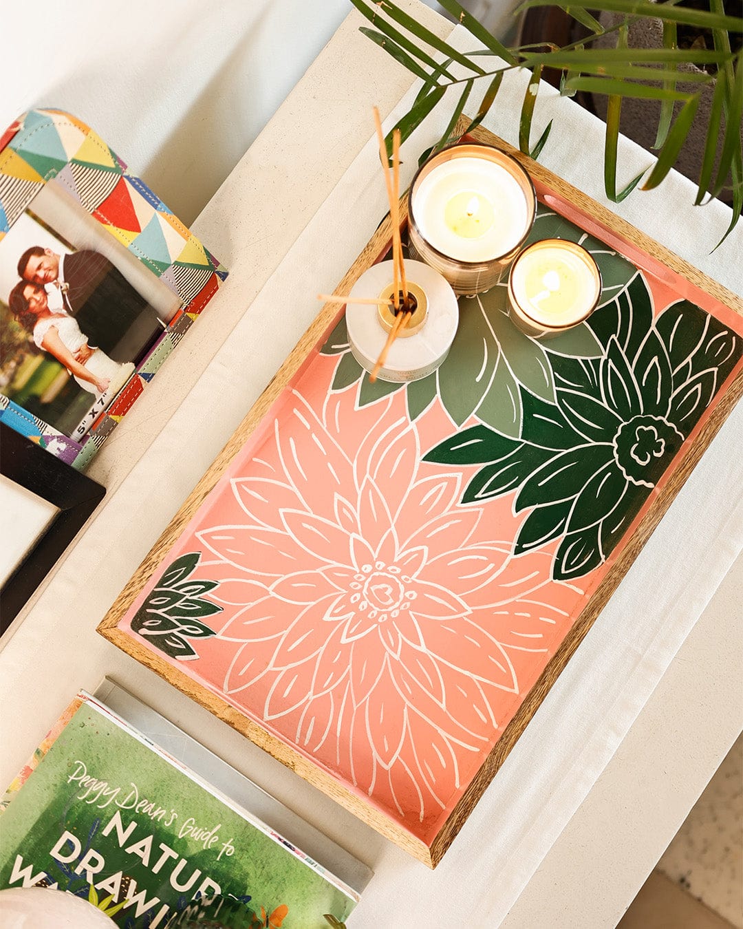 Indian Garden Handpainted Wood Tray - Dimensions- 16 L X 10 W X 1 H inches