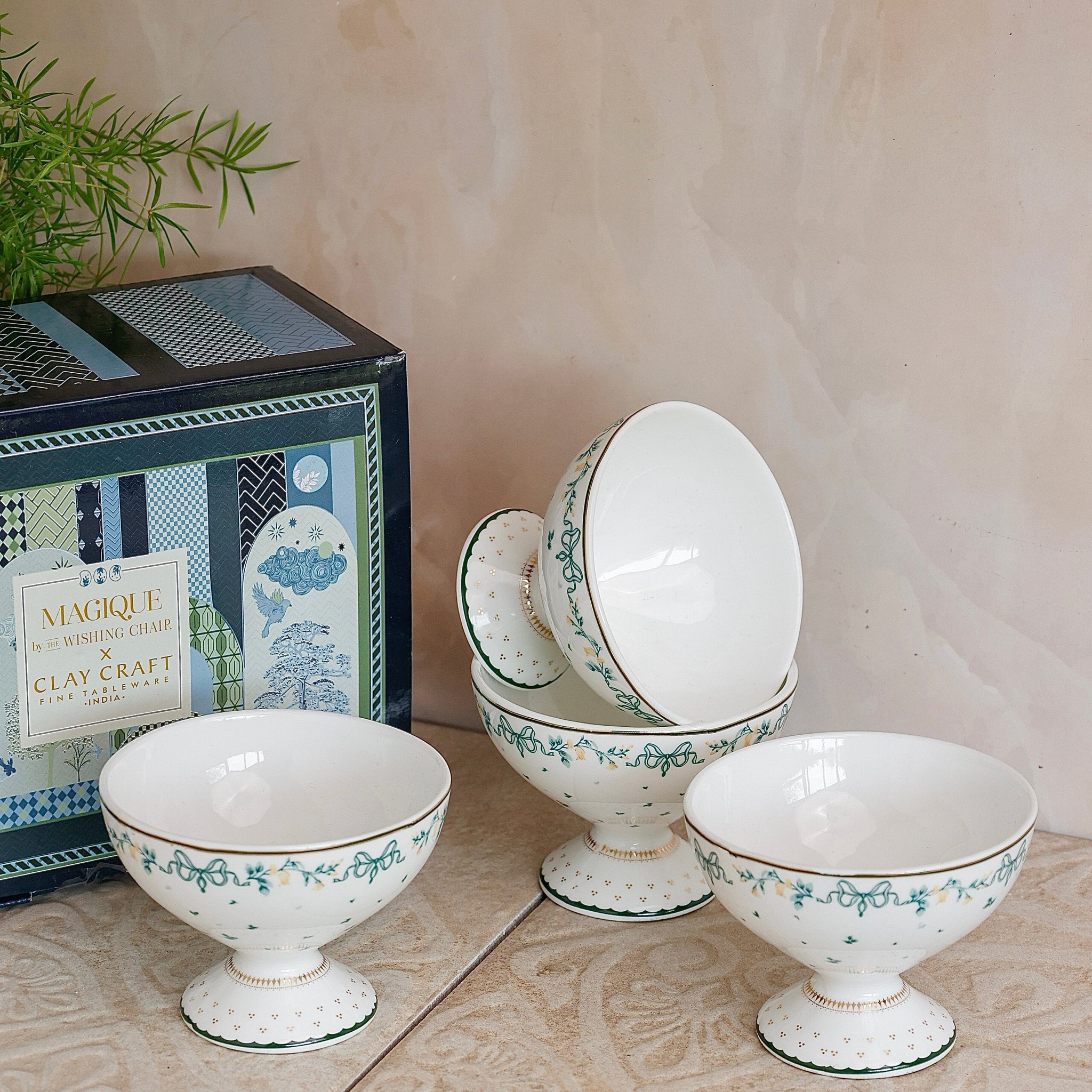 Magique by The Wishing Chair - Emerald Ribbon Fine China Ceramic Collection - Dessert Cups - Set of 4