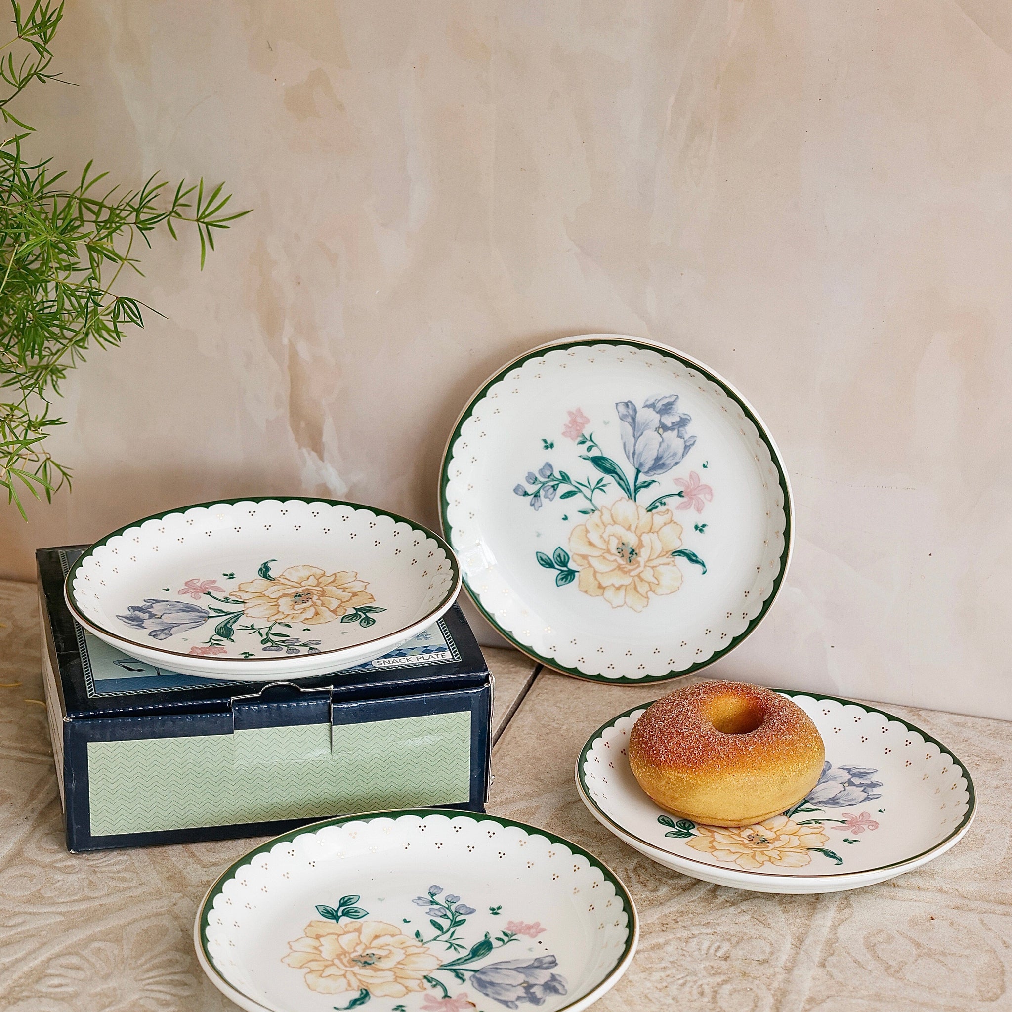 Magique by The Wishing Chair - Emerald Ribbon Fine China Ceramic Collection - Snack Plates - Set of 4 - 5.5inches