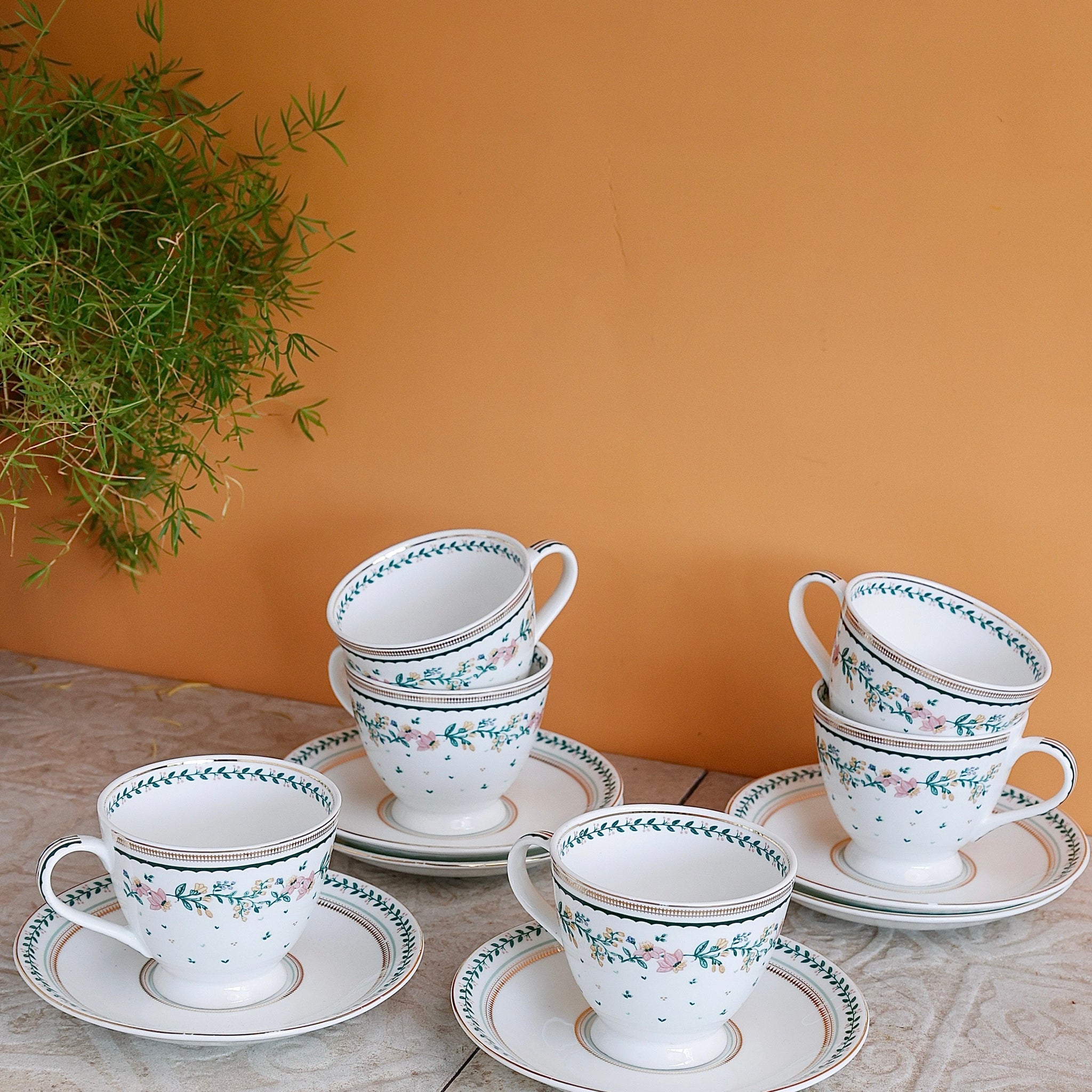 Magique by The Wishing Chair - Emerald Ribbon Fine China Ceramic Collection - Teacups & Saucers - Set of 6