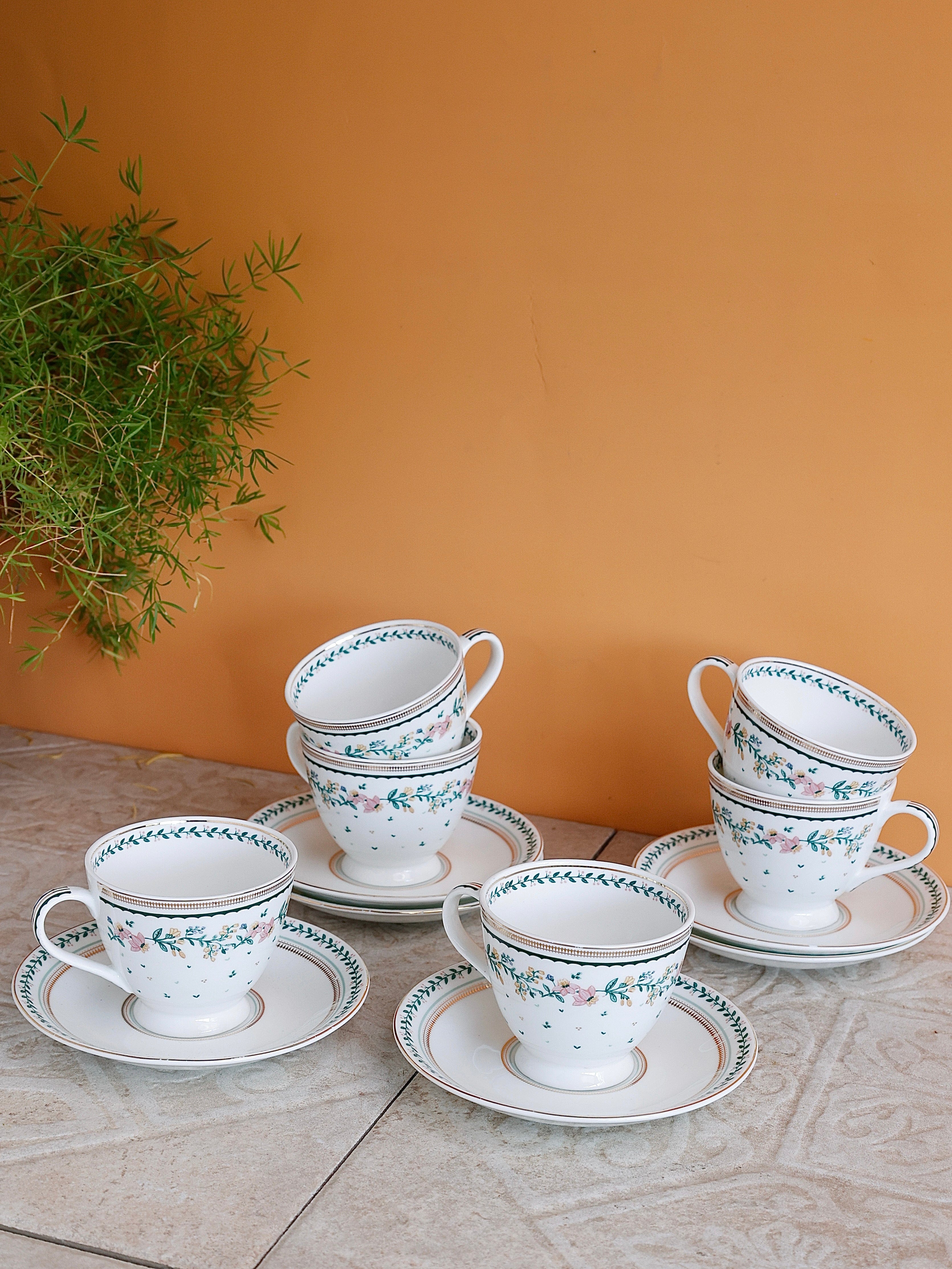 Magique by The Wishing Chair - Emerald Ribbon Fine China Ceramic Collection - Teacups & Saucers - Set of 6