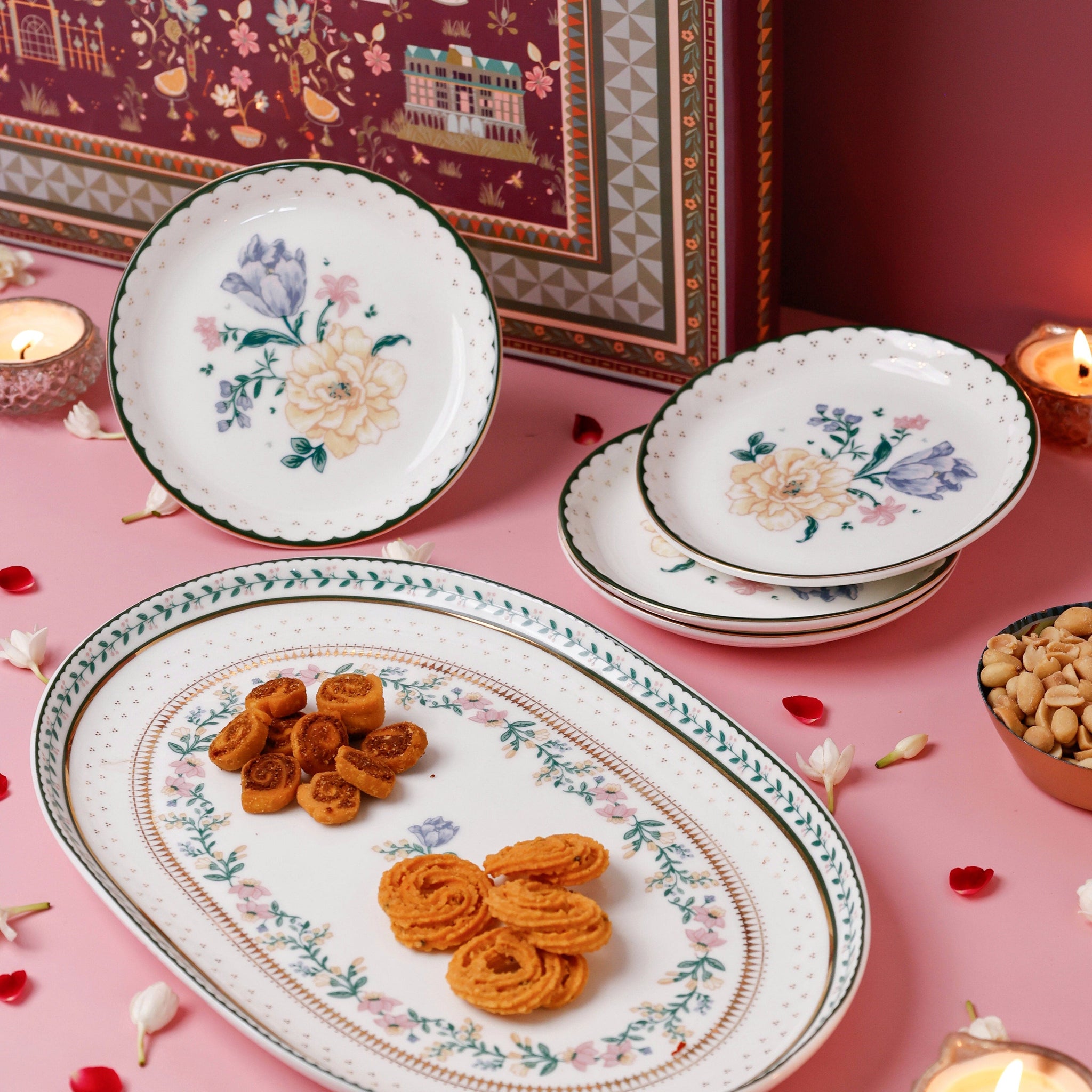 Magique by The Wishing Chair x ClayCraft :  Emerald Ribbon - Amber Giftbox | Set of 4 Snack Plates & 1 Serving Platter