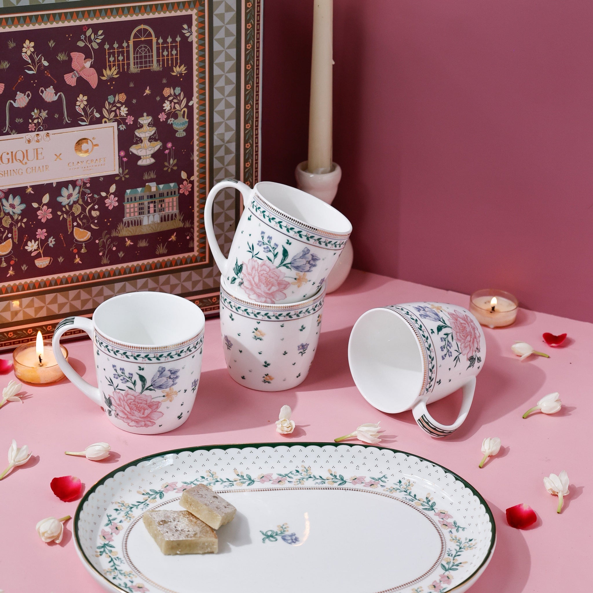 Magique by The Wishing Chair x ClayCraft :  Emerald Ribbon - Celebrations Giftbox | Set of 4 Mugs & Platter