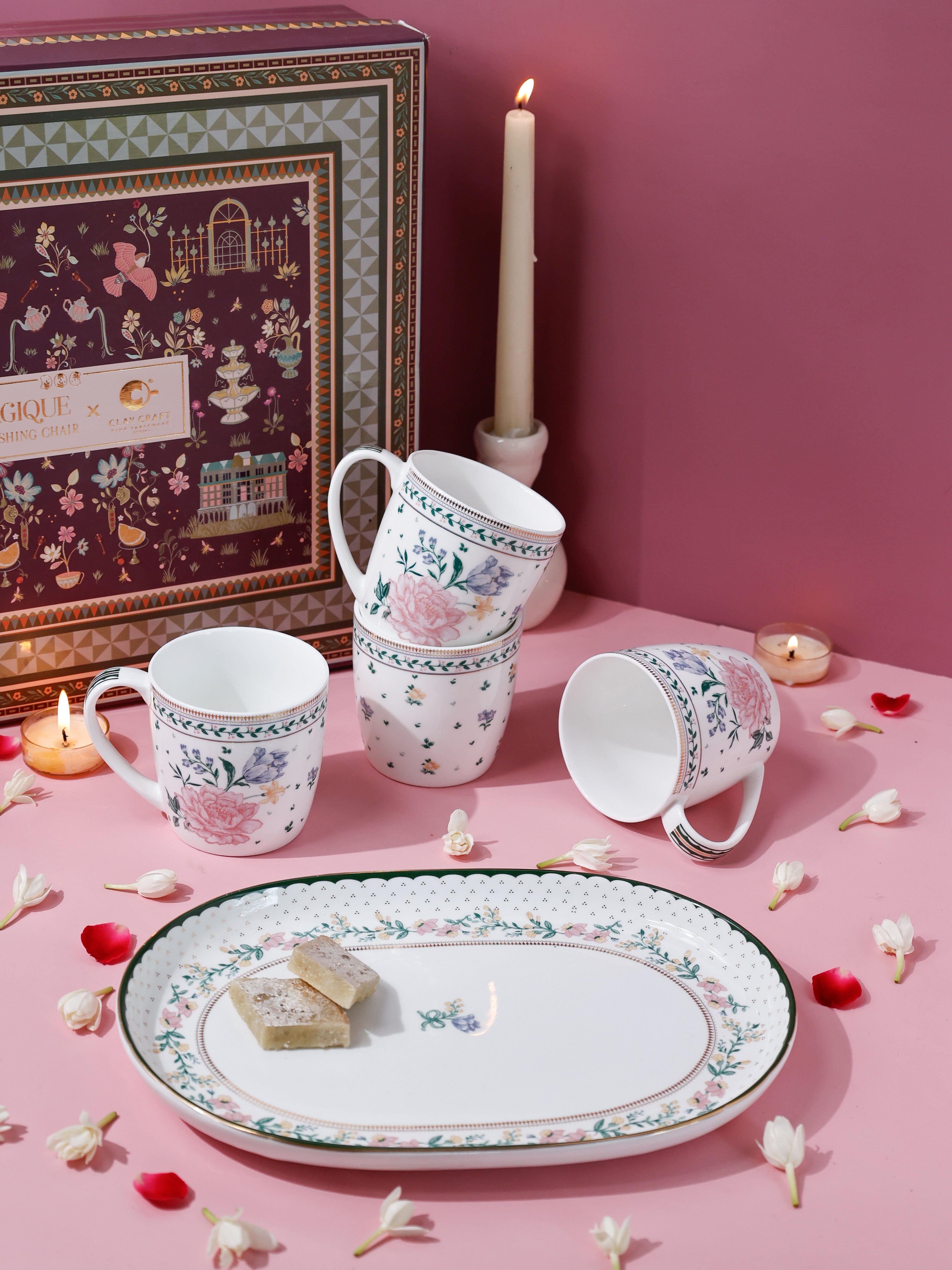 Magique by The Wishing Chair x ClayCraft :  Emerald Ribbon - Celebrations Giftbox | Set of 4 Mugs & Platter