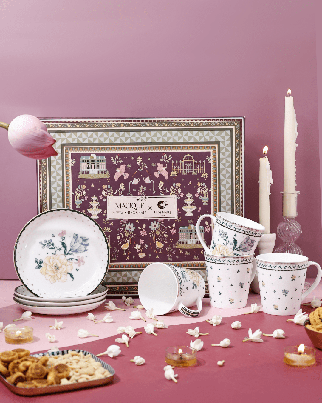 Magique by The Wishing Chair x ClayCraft :  Emerald Ribbon - Twilight Bloom Giftbox | Set of 4 Snack Plates and 4 Mugs