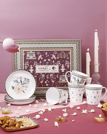 Magique by The Wishing Chair x ClayCraft :  Emerald Ribbon - Twilight Bloom Giftbox | Set of 4 Snack Plates and 4 Mugs