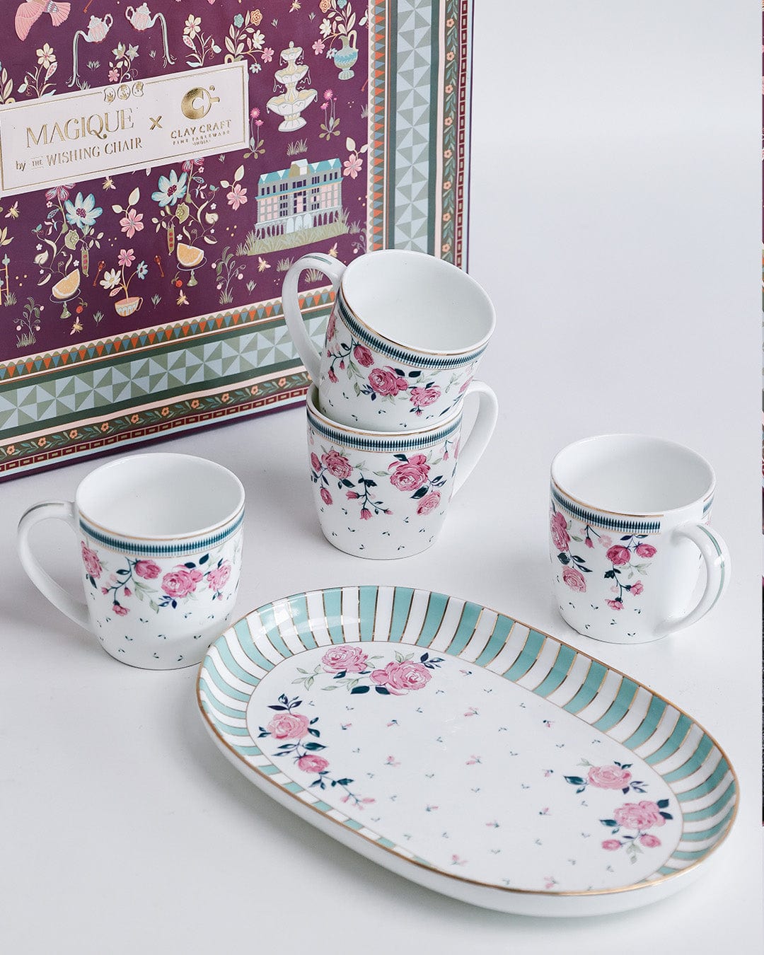 Magique by The Wishing Chair x ClayCraft : Portrait of Rose - Celebrations Giftbox | Set of 4 Mugs & Platter