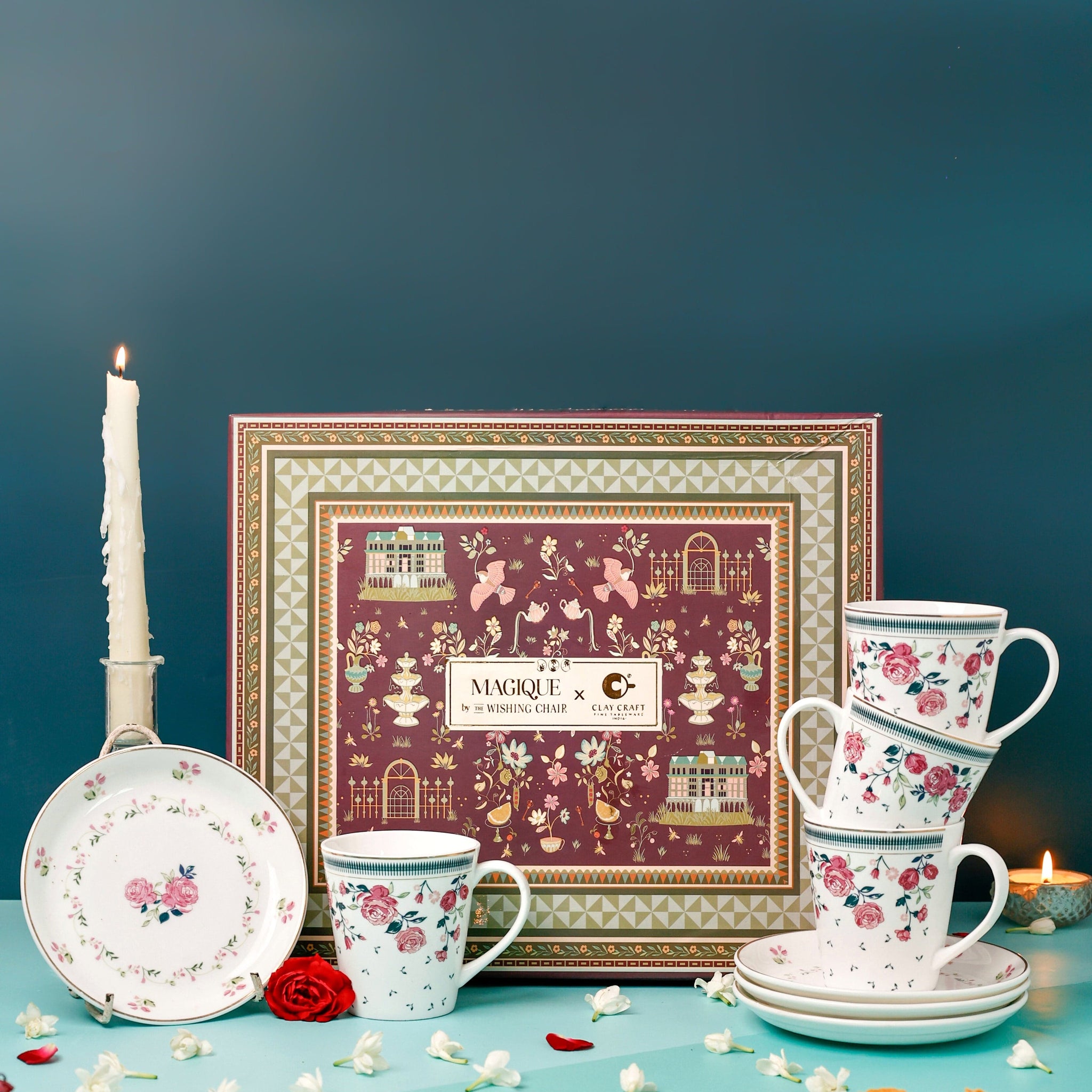 Magique by The Wishing Chair x ClayCraft : Portrait of Rose - Twilight Bloom Giftbox | Set of 4 Snack Plates and 4 Mugs