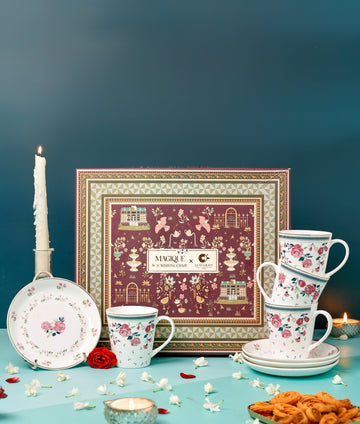 Magique by The Wishing Chair x ClayCraft : Portrait of Rose - Twilight Bloom Giftbox | Set of 4 Snack Plates and 4 Mugs