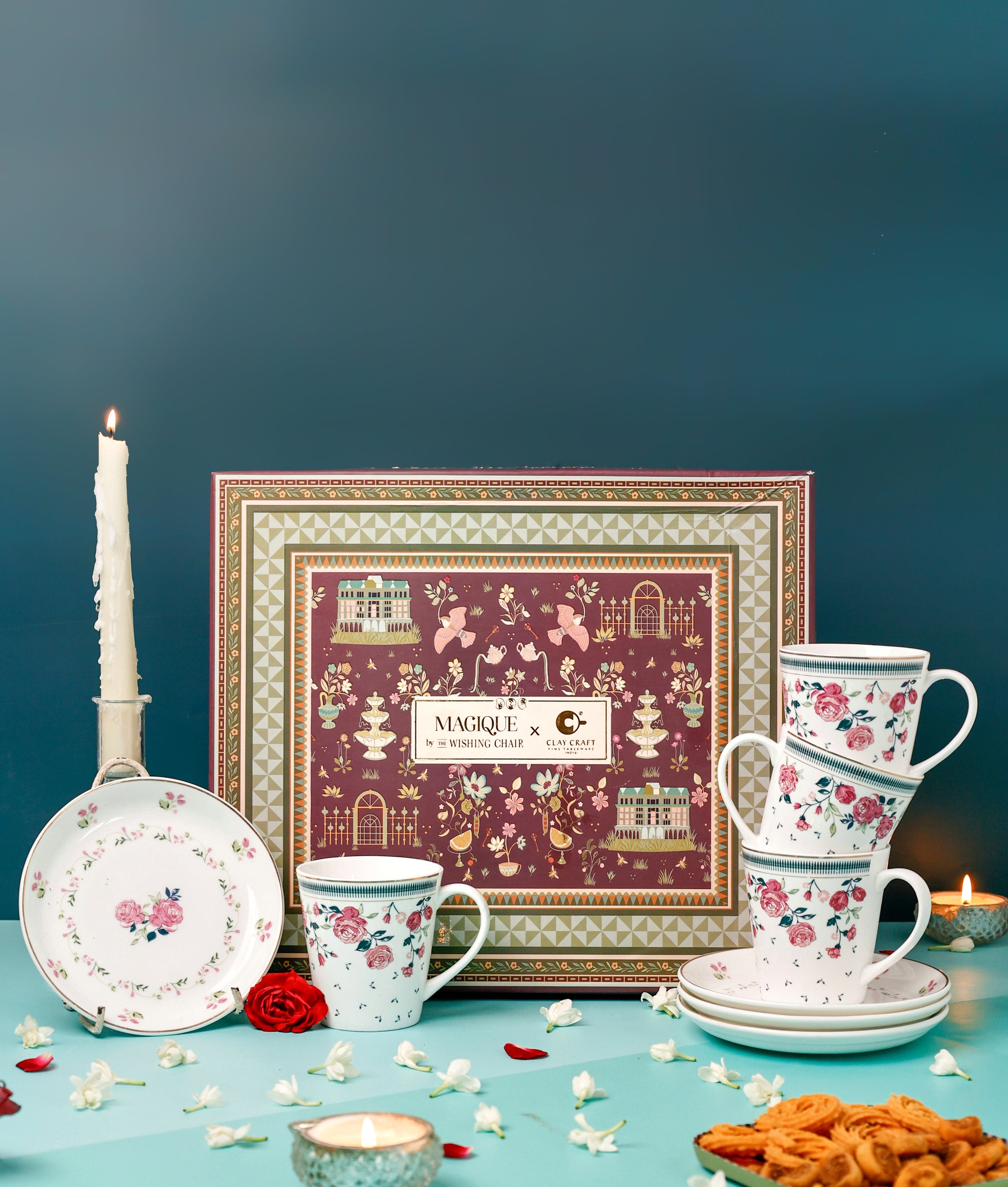 Magique by The Wishing Chair x ClayCraft : Portrait of Rose - Twilight Bloom Giftbox | Set of 4 Snack Plates and 4 Mugs