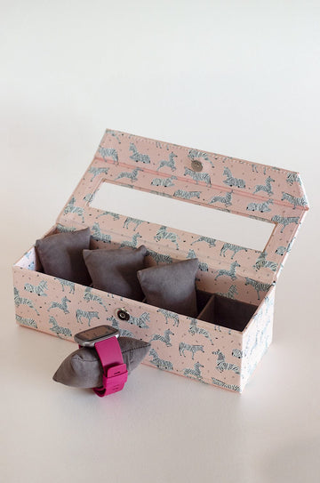 Pearlised Paper Leather Watch Box with 4 compartments - Pink Safari