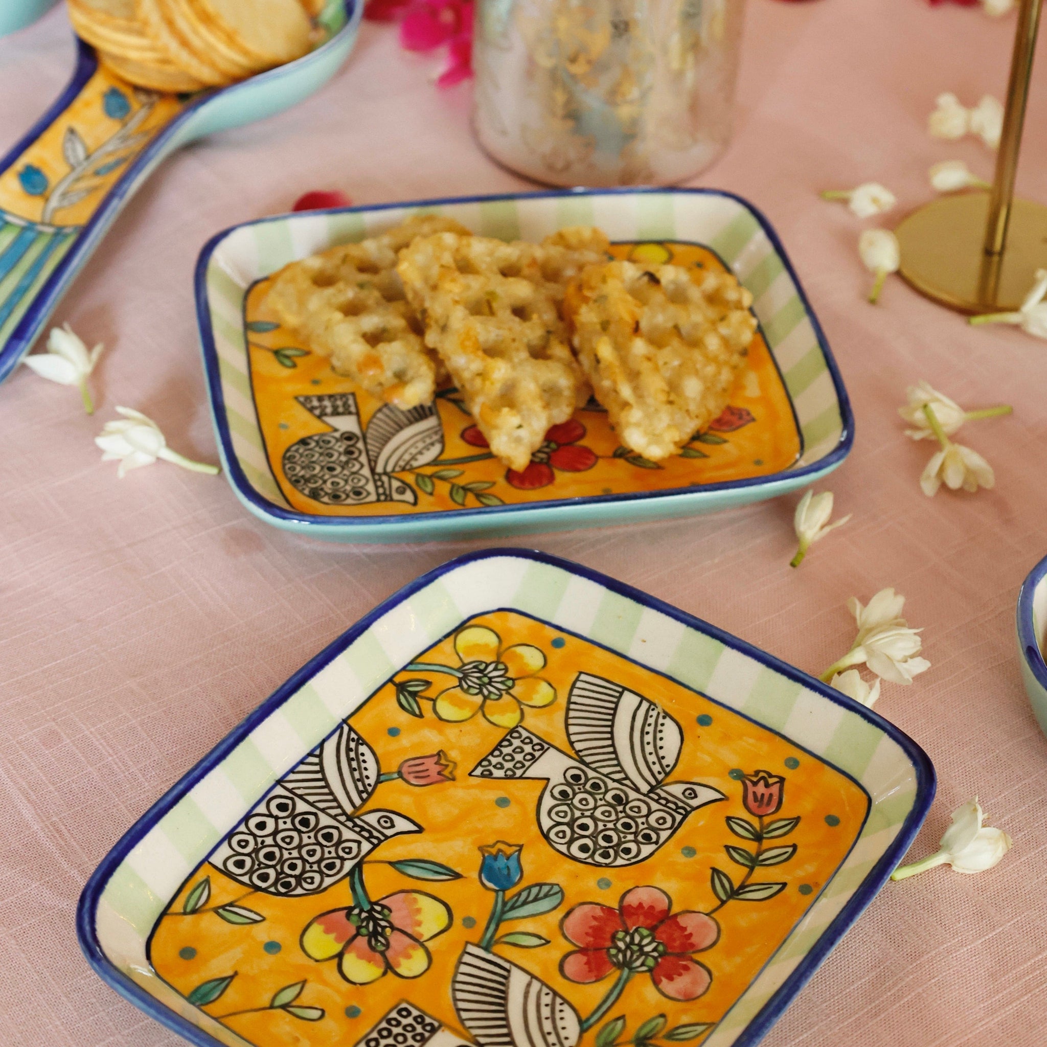 Perch Handpainted Ceramic Square Platter - Set of 2