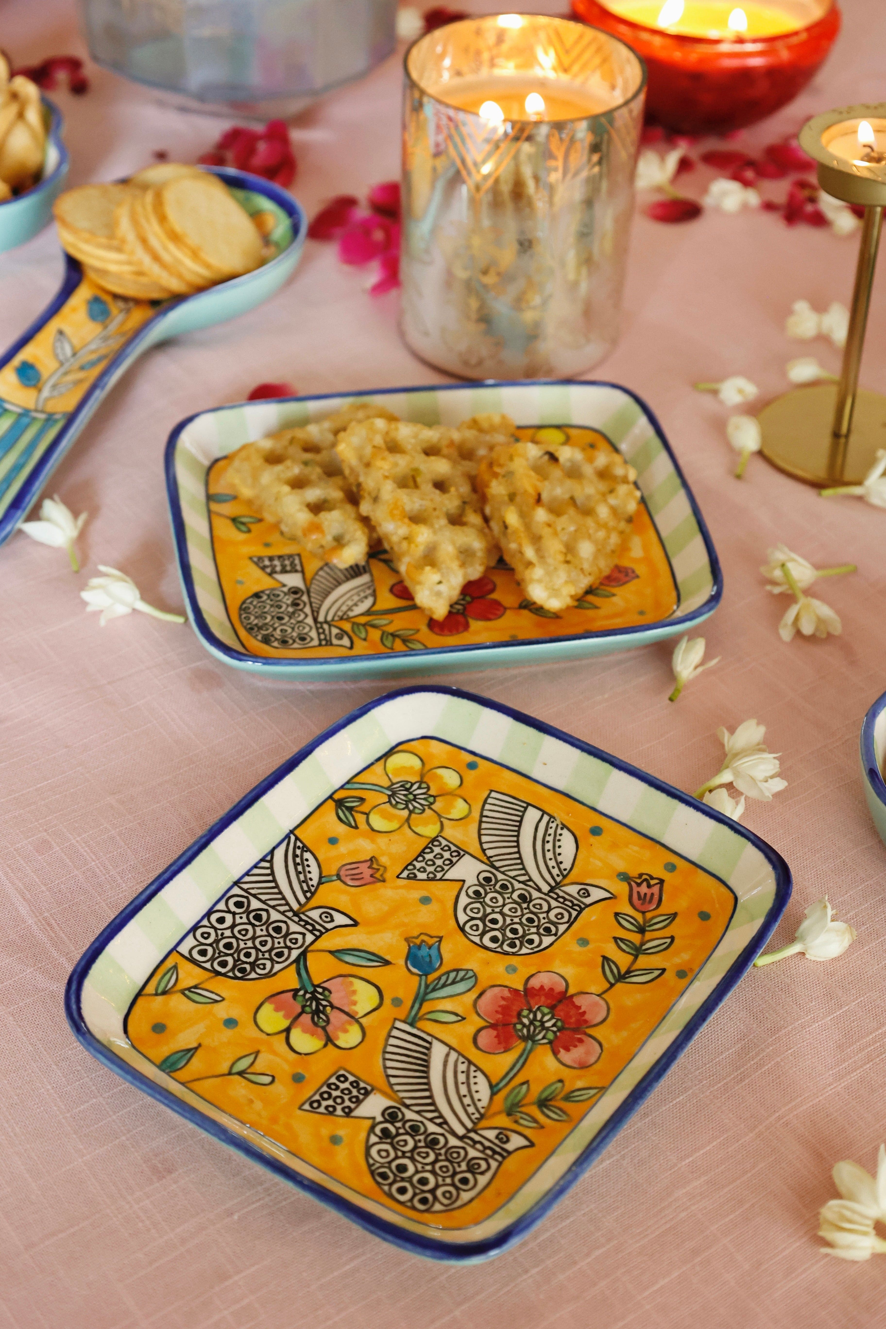 Perch Handpainted Ceramic Square Platter - Set of 2