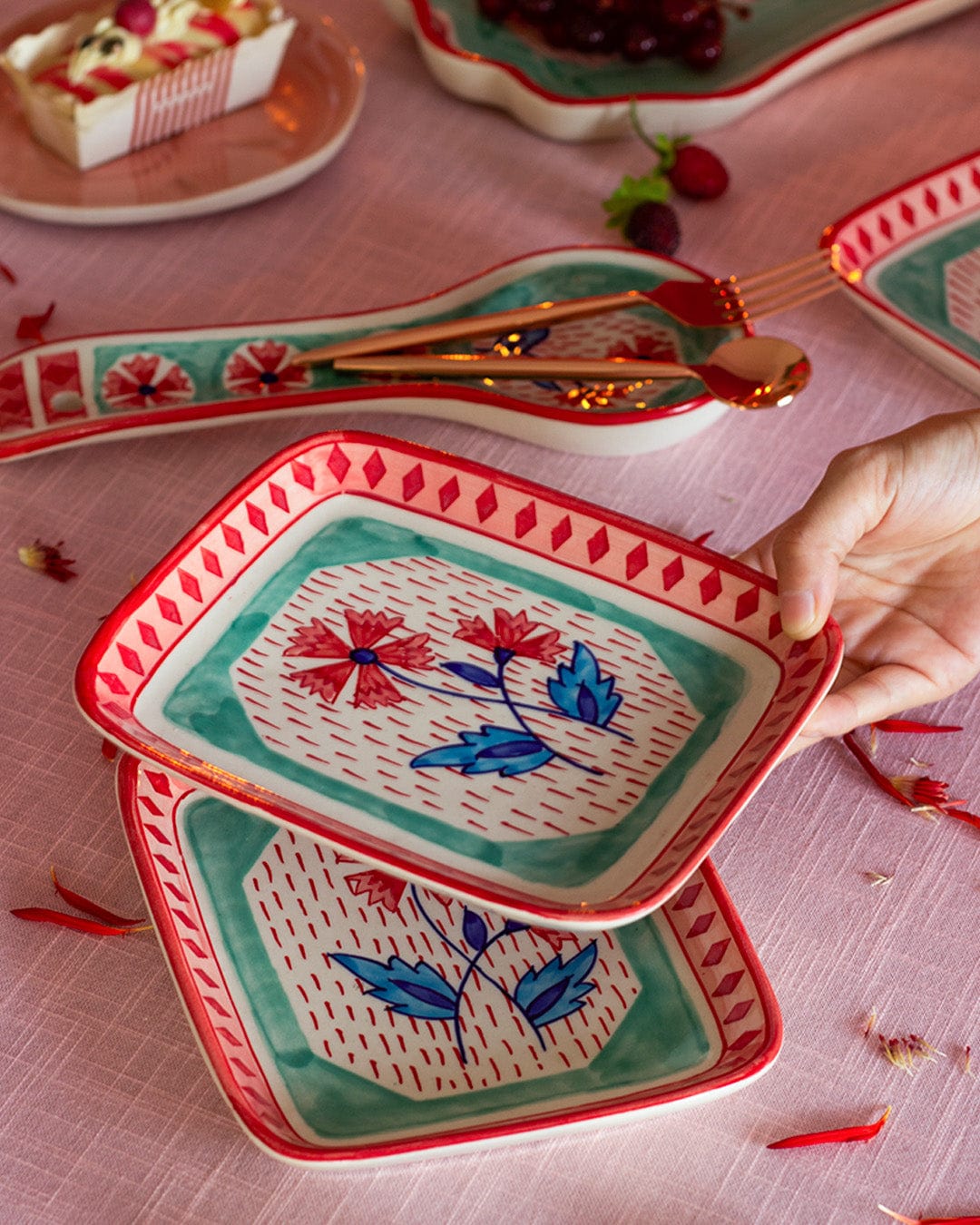 Poppies & Play Handpainted Rectangular Platter- Set of 2