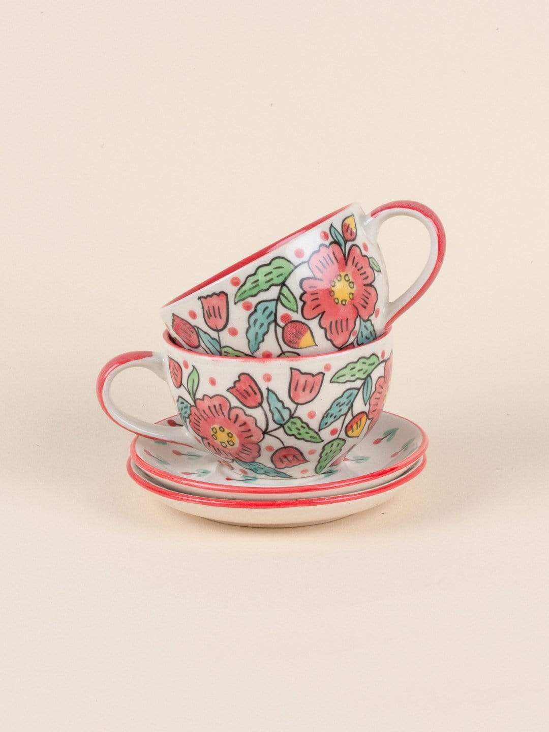 Poppy Petals Handpainted Cup & Saucer - Set Of 2
