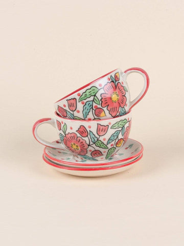 Poppy Petals Handpainted Cup & Saucer - Set Of 2
