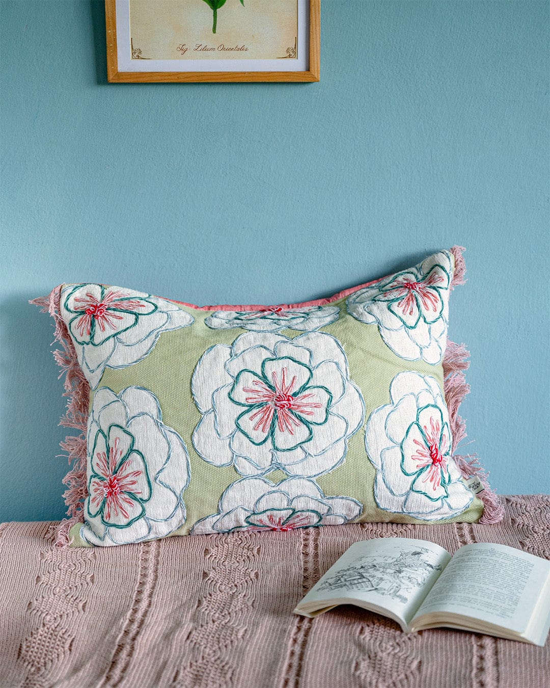 Alice Hand Embroidered Cushion Cover- Mint Green