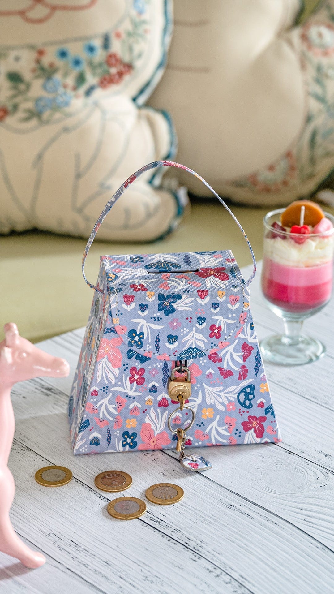 Pearlised Paper Leather Triangle Piggy Bank- Blue Meadow