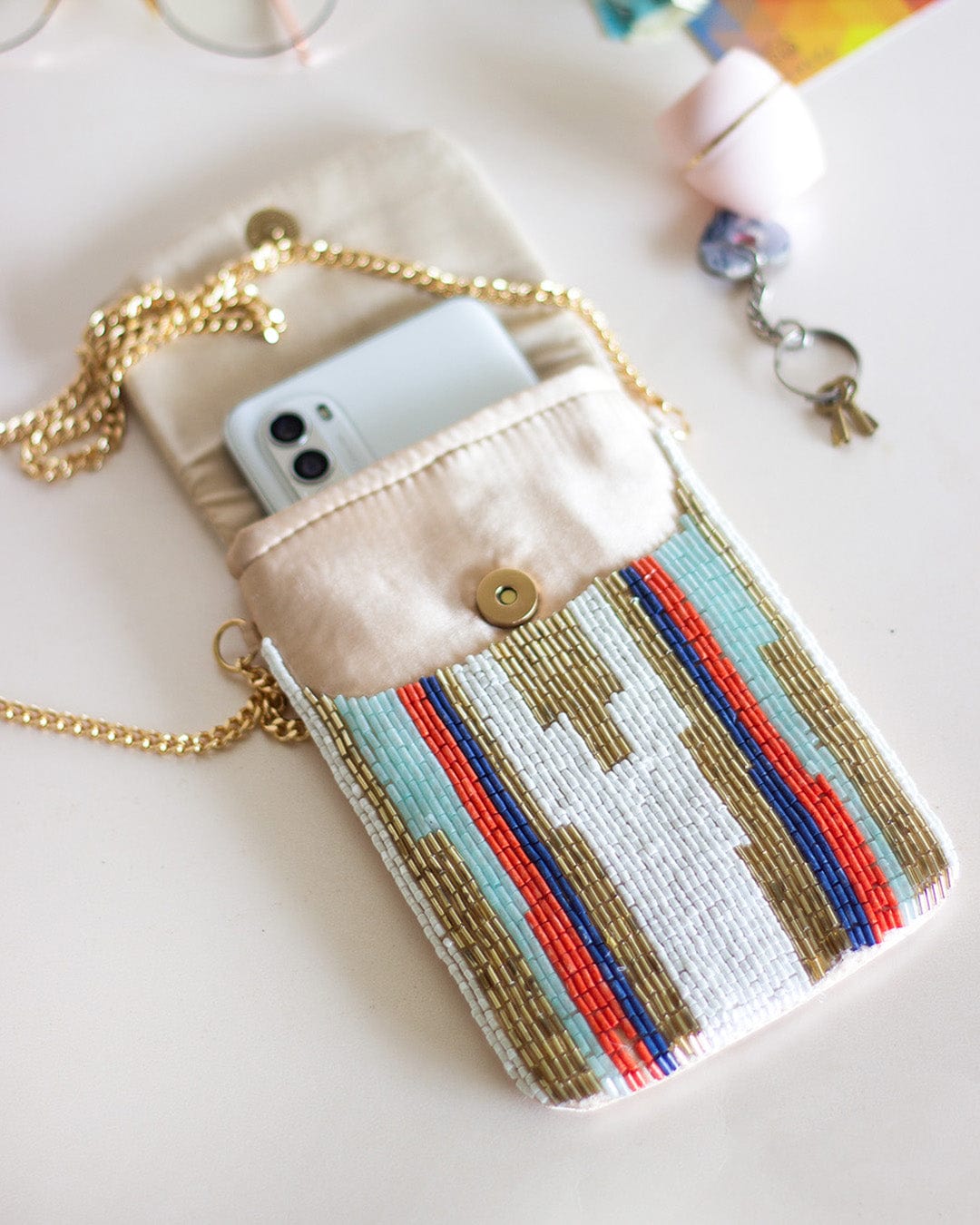 Zoey Hand Embroidered Phone Bag & Cards Holder with Cross body Chain
