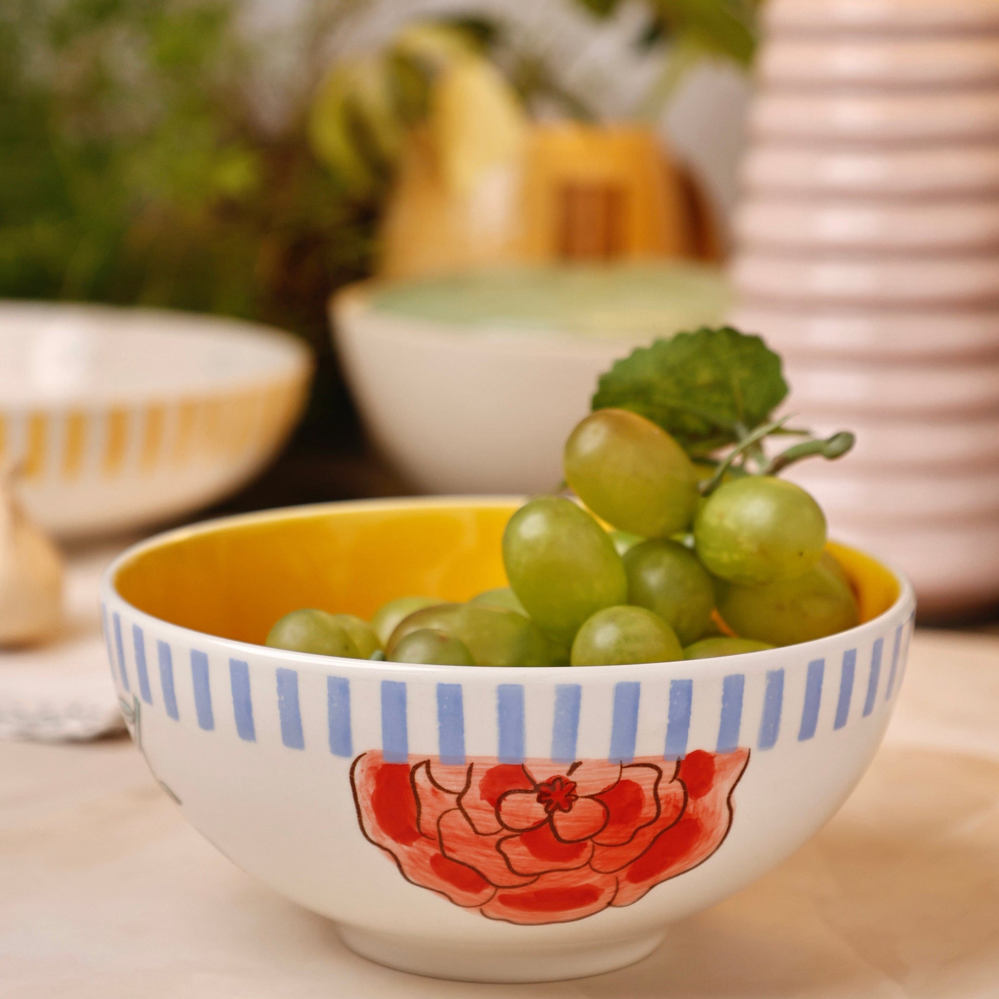 Stripe & Stem Handpainted Ceramic Bowl 15 cms