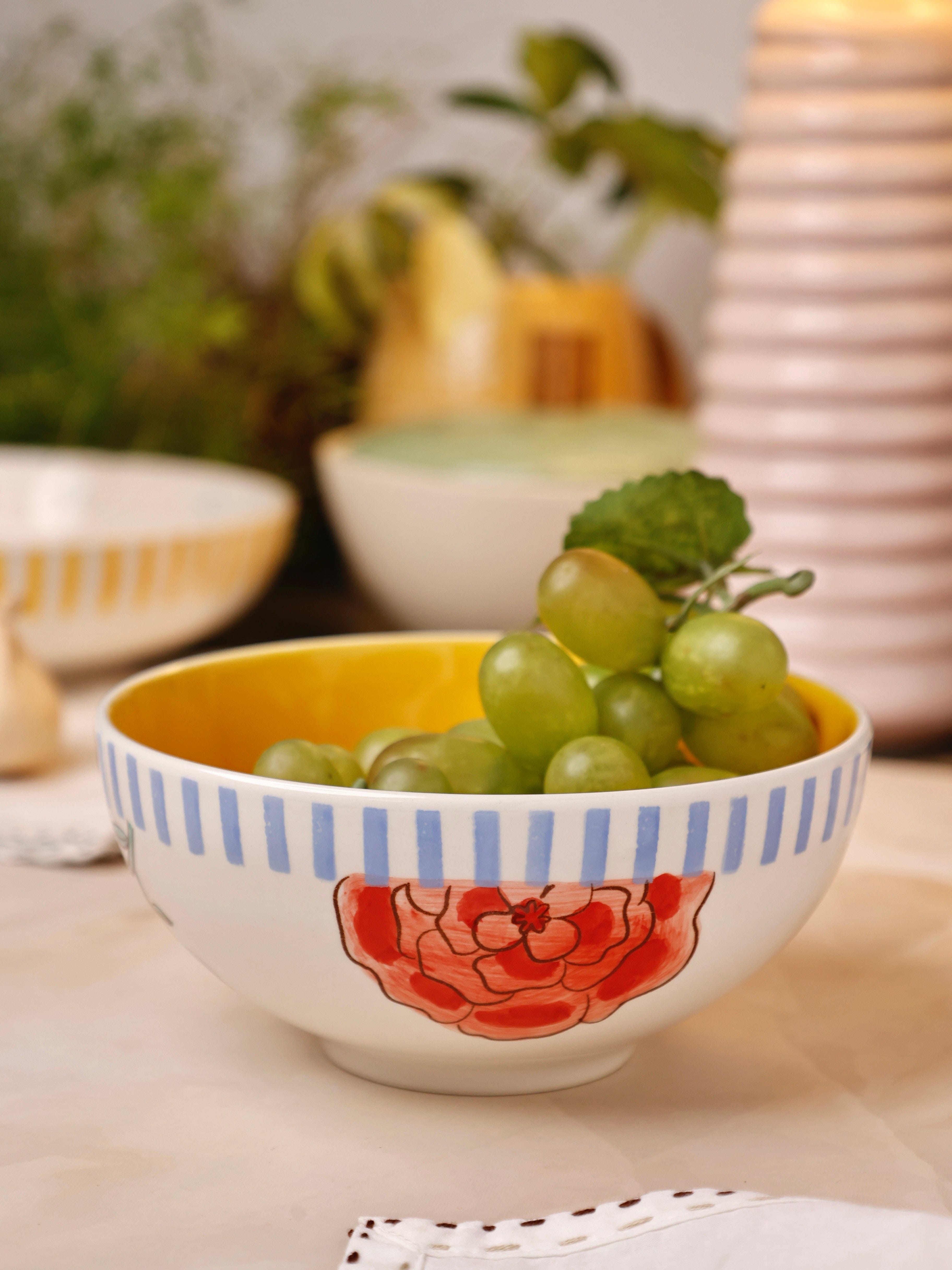 Stripe & Stem Handpainted Ceramic Bowl 15 cms