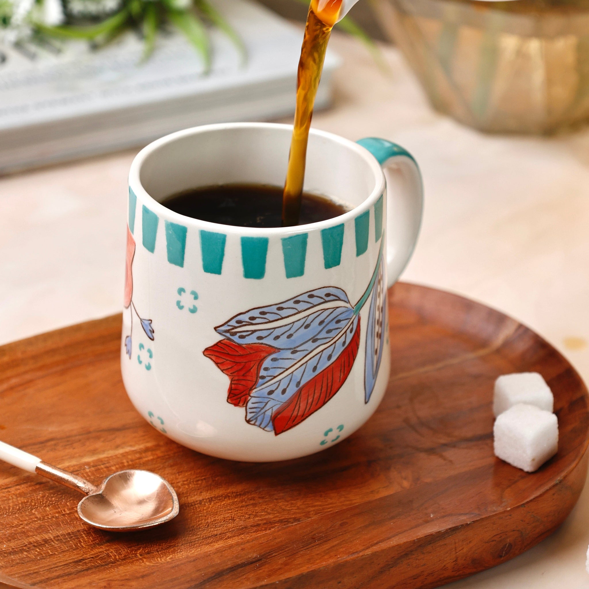 Stripe & Stem Handpainted Ceramic Coffee Mug 325ml