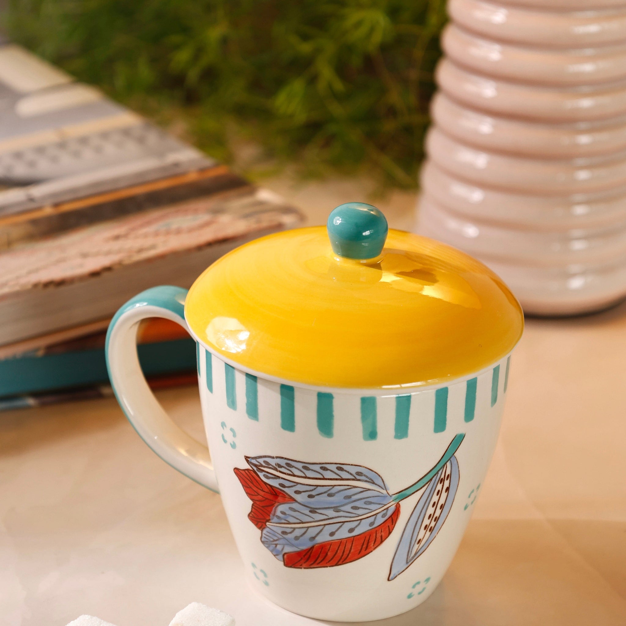 Stripe & Stem Handpainted Ceramic Coffee Mug with Lid 325ml
