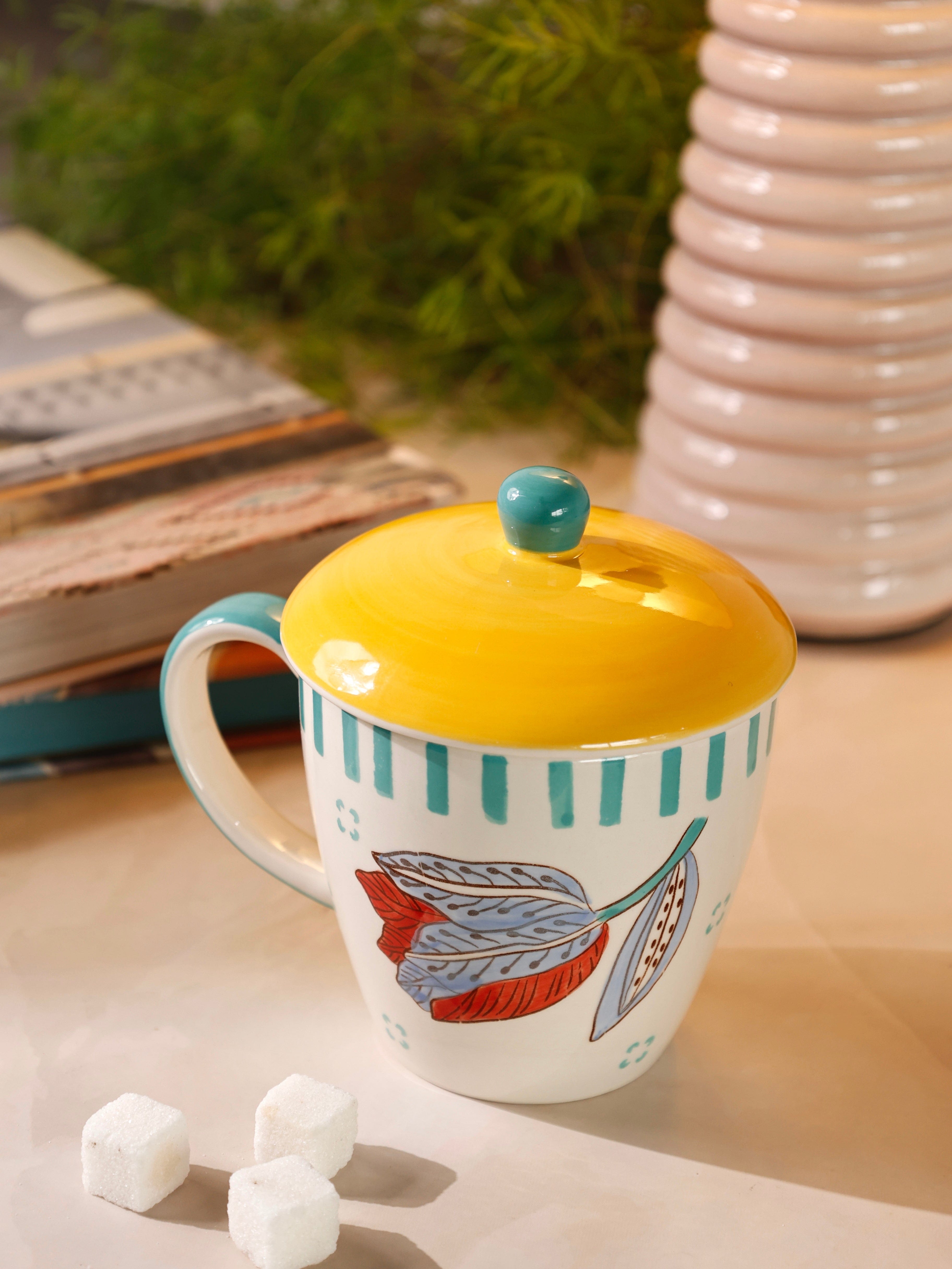 Stripe & Stem Handpainted Ceramic Coffee Mug with Lid 325ml