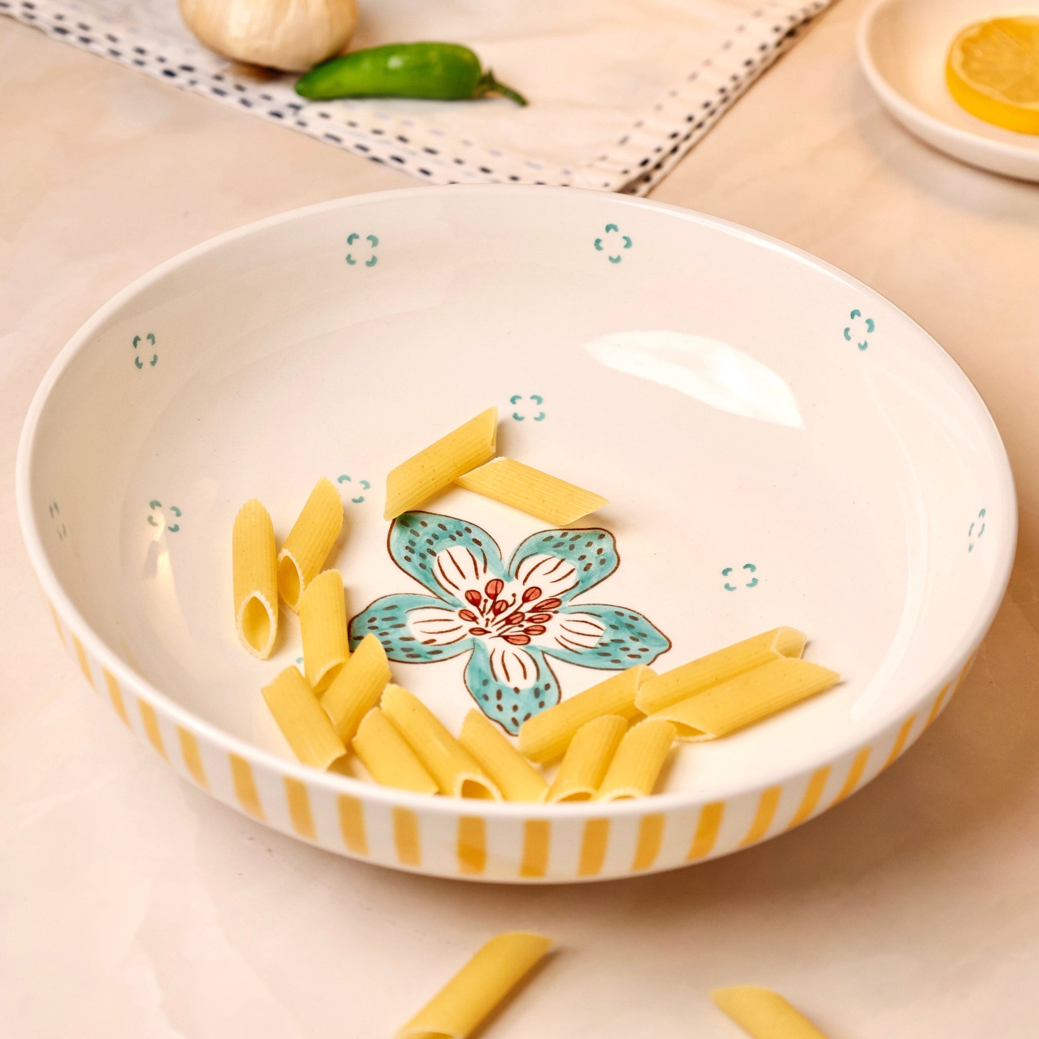 Stripe & Stem Handpainted Ceramic Pasta Bowl 21 cms