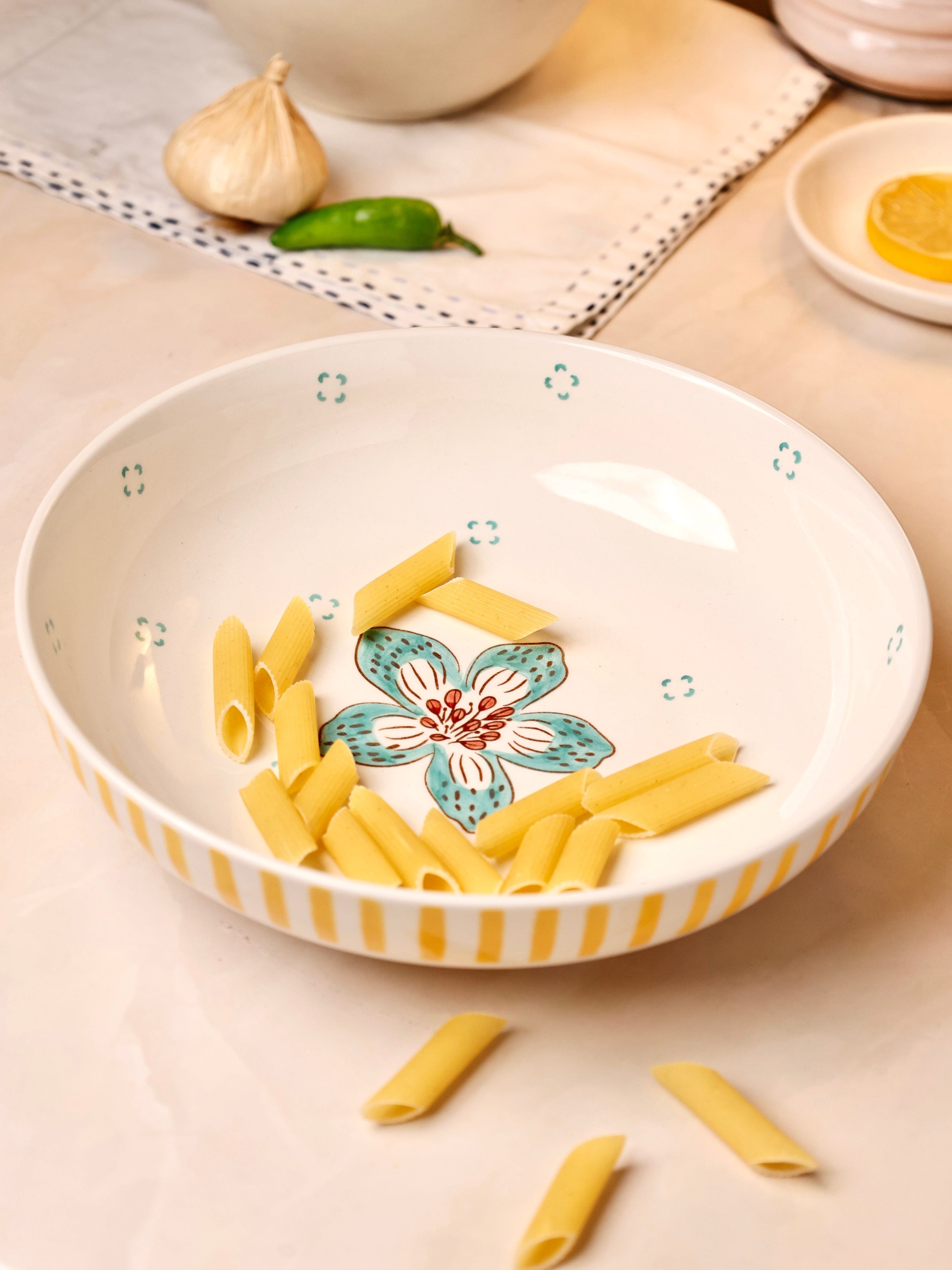 Stripe & Stem Handpainted Ceramic Pasta Bowl 21 cms