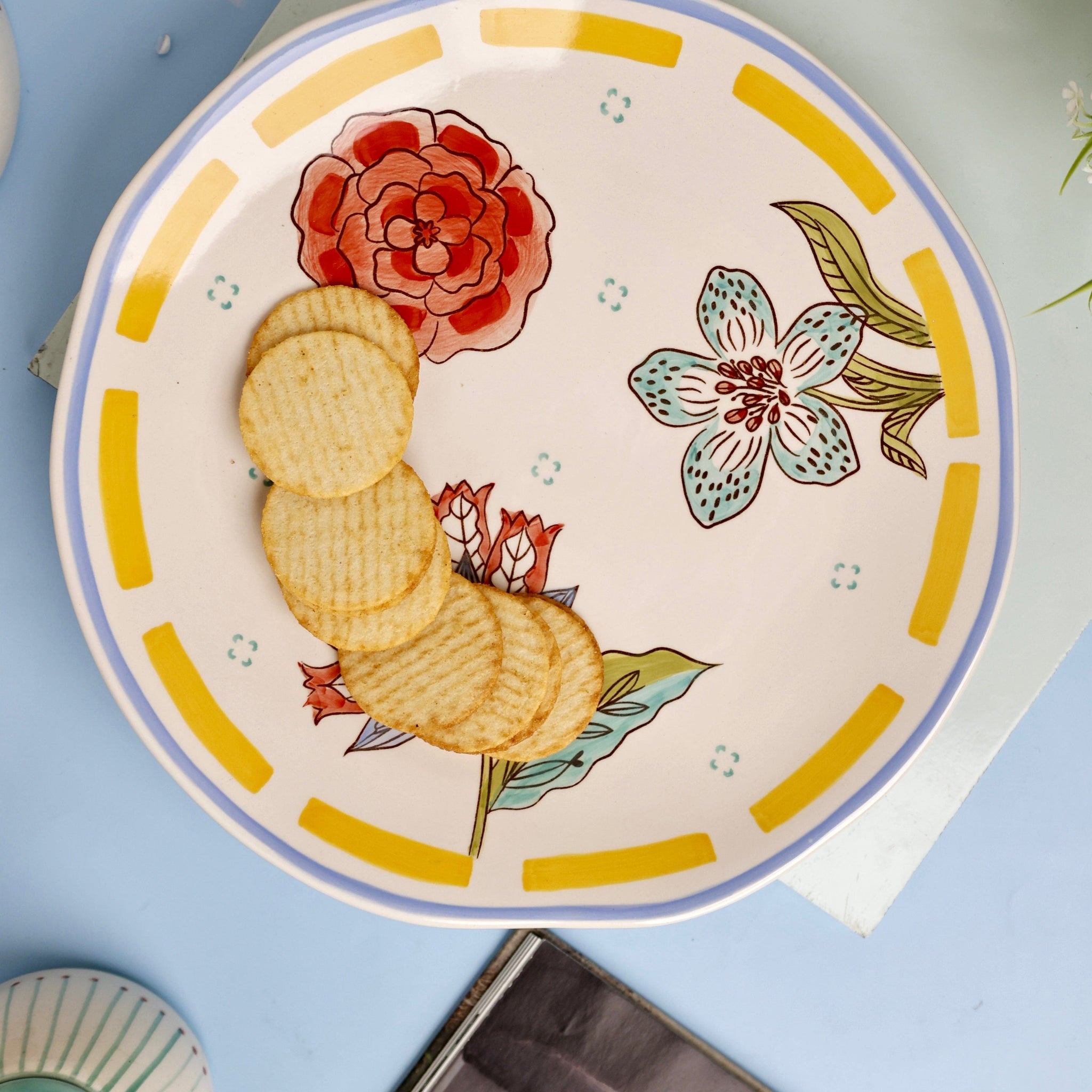 Stripe & Stem Handpainted Ceramic Round Platter 27 cms