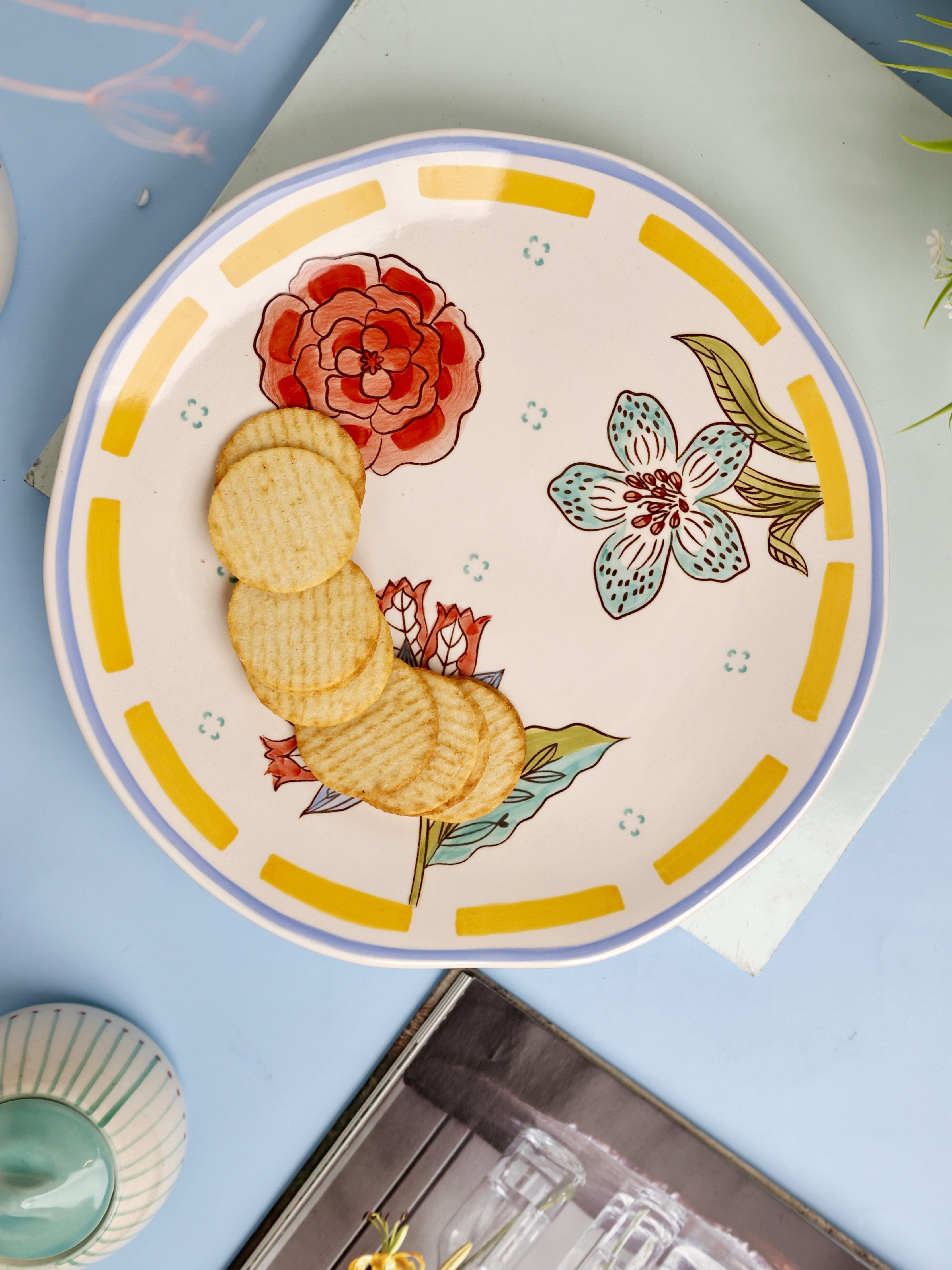 Stripe & Stem Handpainted Ceramic Round Platter 27 cms