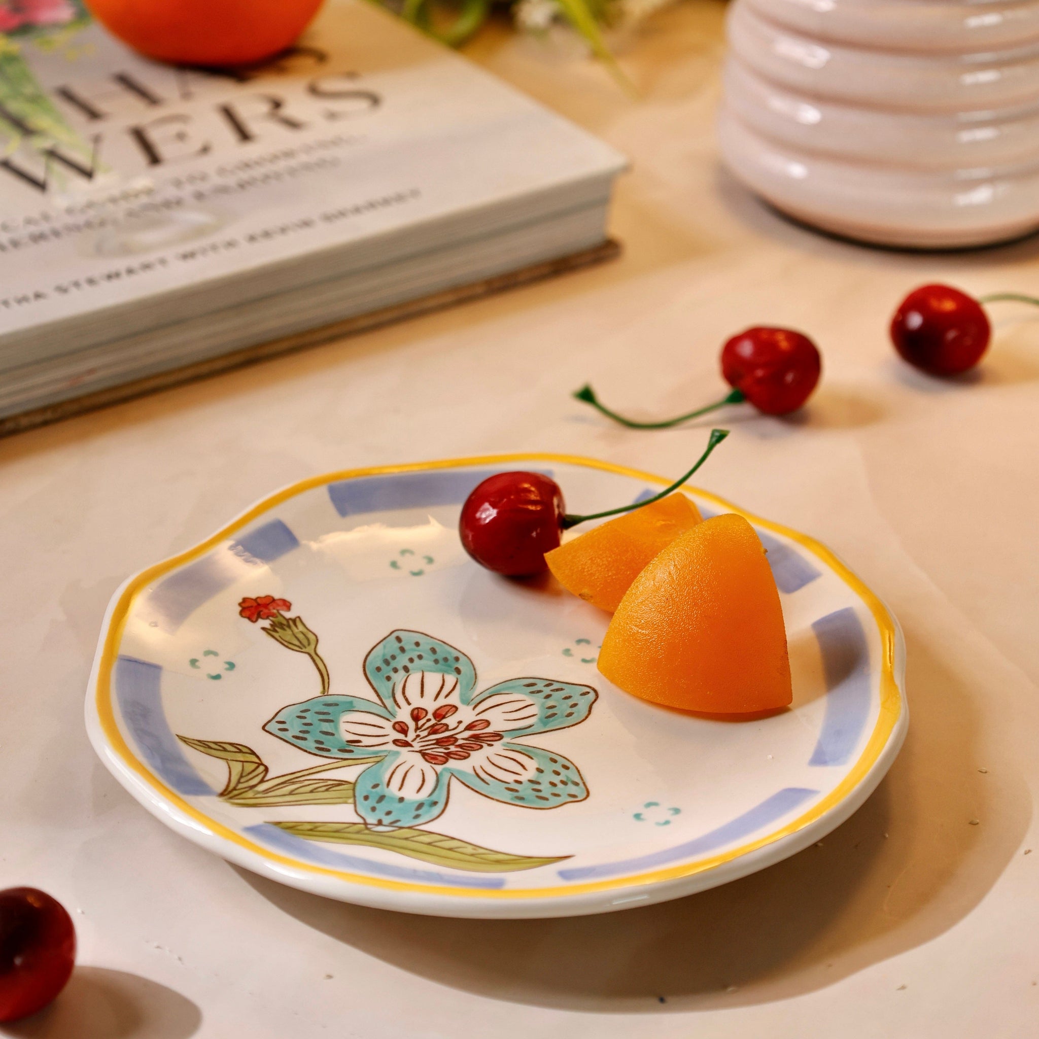 Stripe & Stem Handpainted Ceramic Snack Plate 16 cms