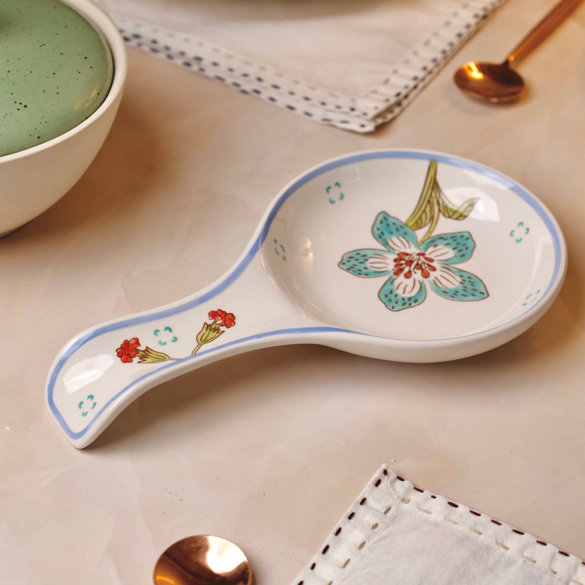 Stripe & Stem Handpainted Ceramic Spoon Rest