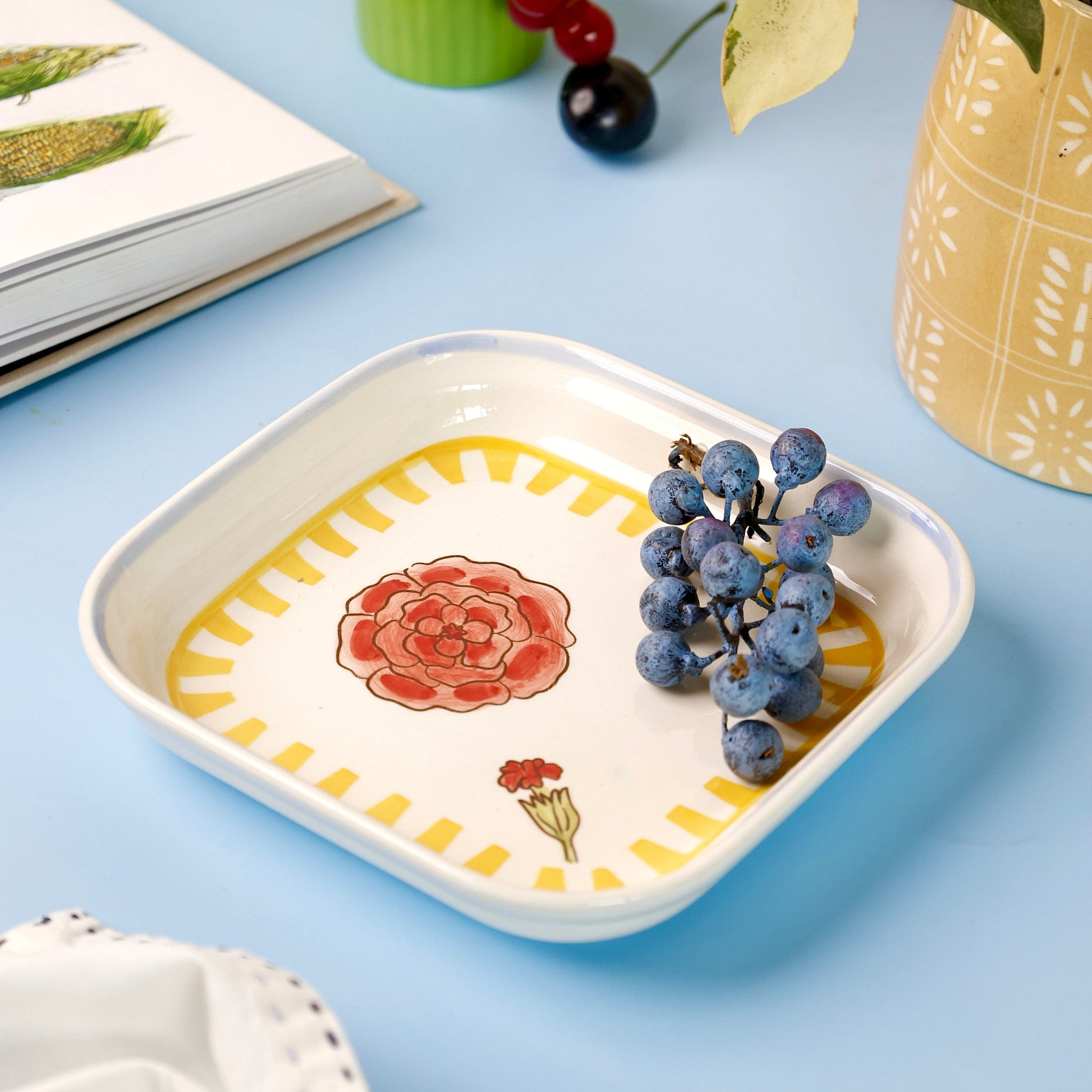 Stripe & Stem Handpainted Ceramic Square Snack Plate 15.5 cms