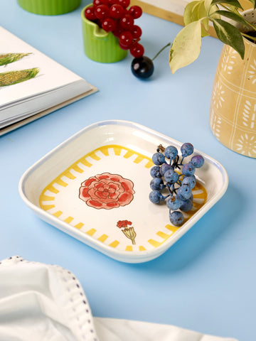 Stripe & Stem Handpainted Ceramic Square Snack Plate 15.5 cms