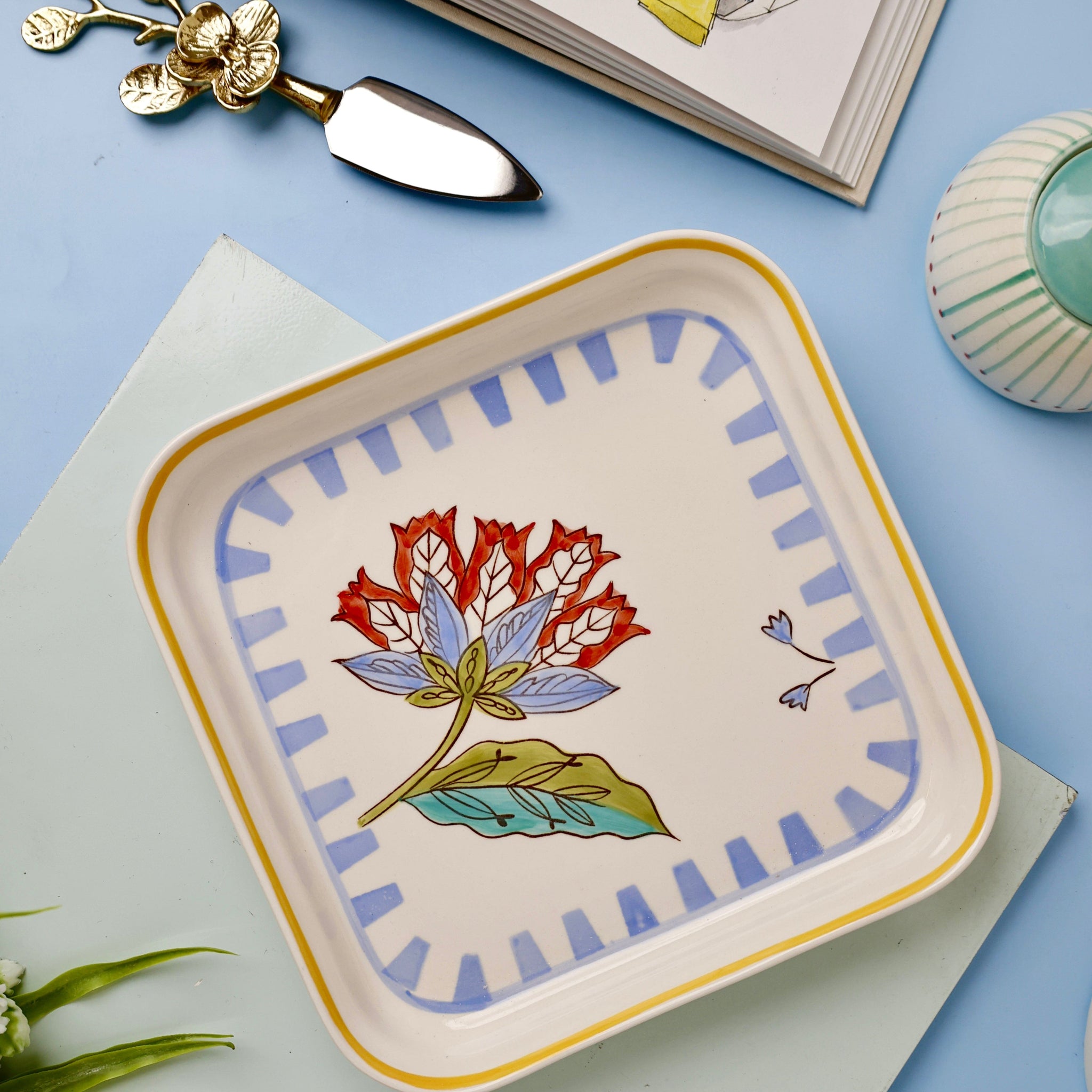 Stripe & Stem Handpainted Square Platter 20.5 cms