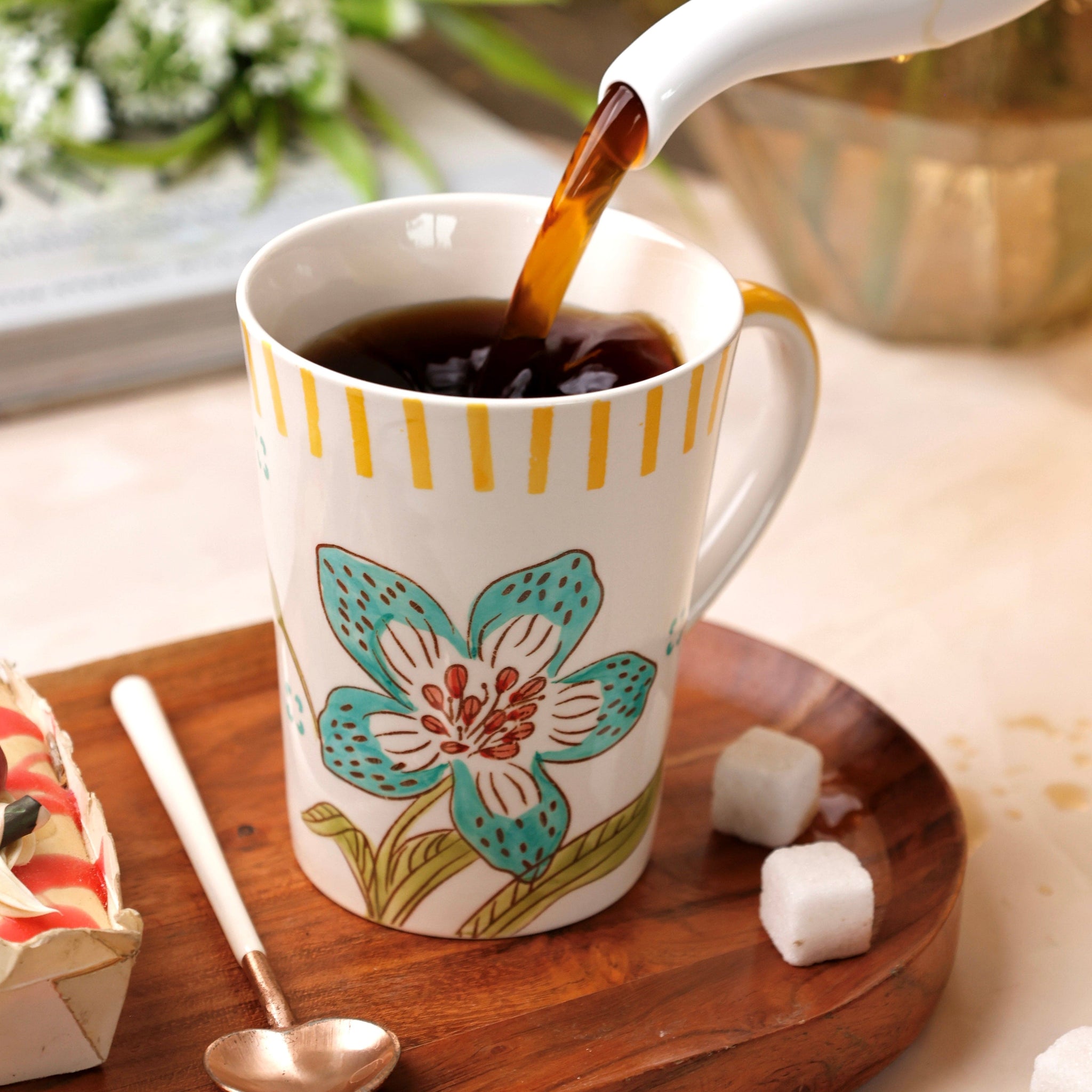 Stripe & Stem Tall Handpainted Ceramic Coffee Mug  355ml