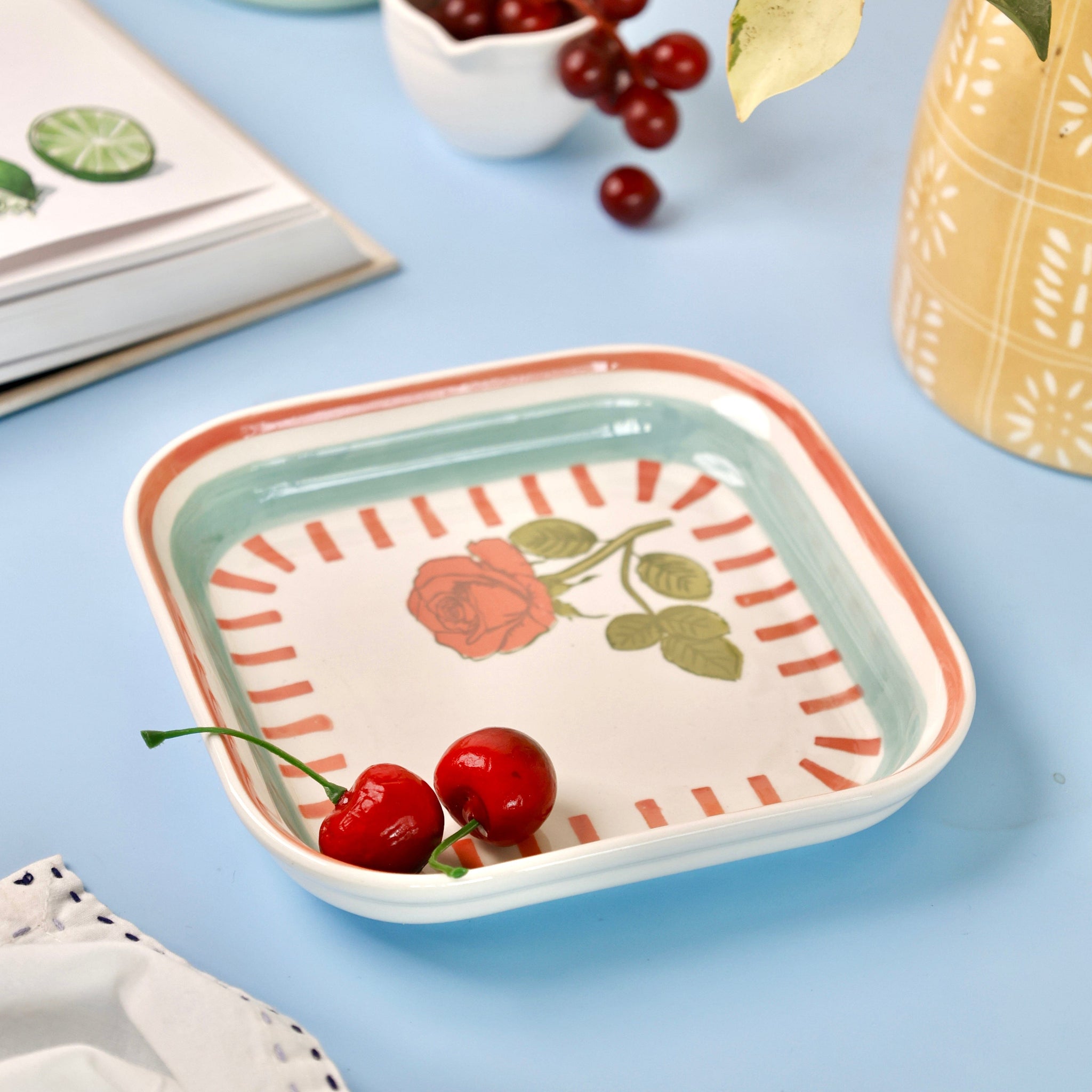 Tea Garden Handpainted Ceramic Square Snack Plate 15.5 cms