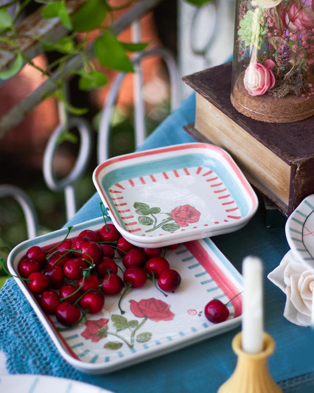 Tea Garden Handpainted Square Platter 20.5 cms
