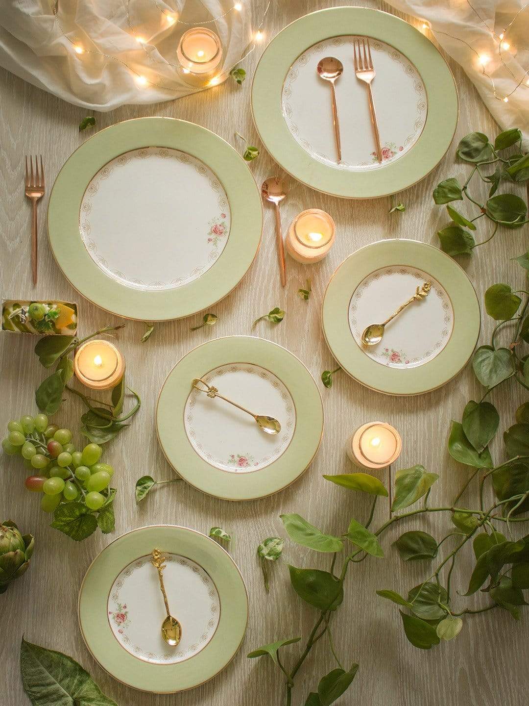 Vintage Rose Dessert Plates Set of 6 - Mint Green