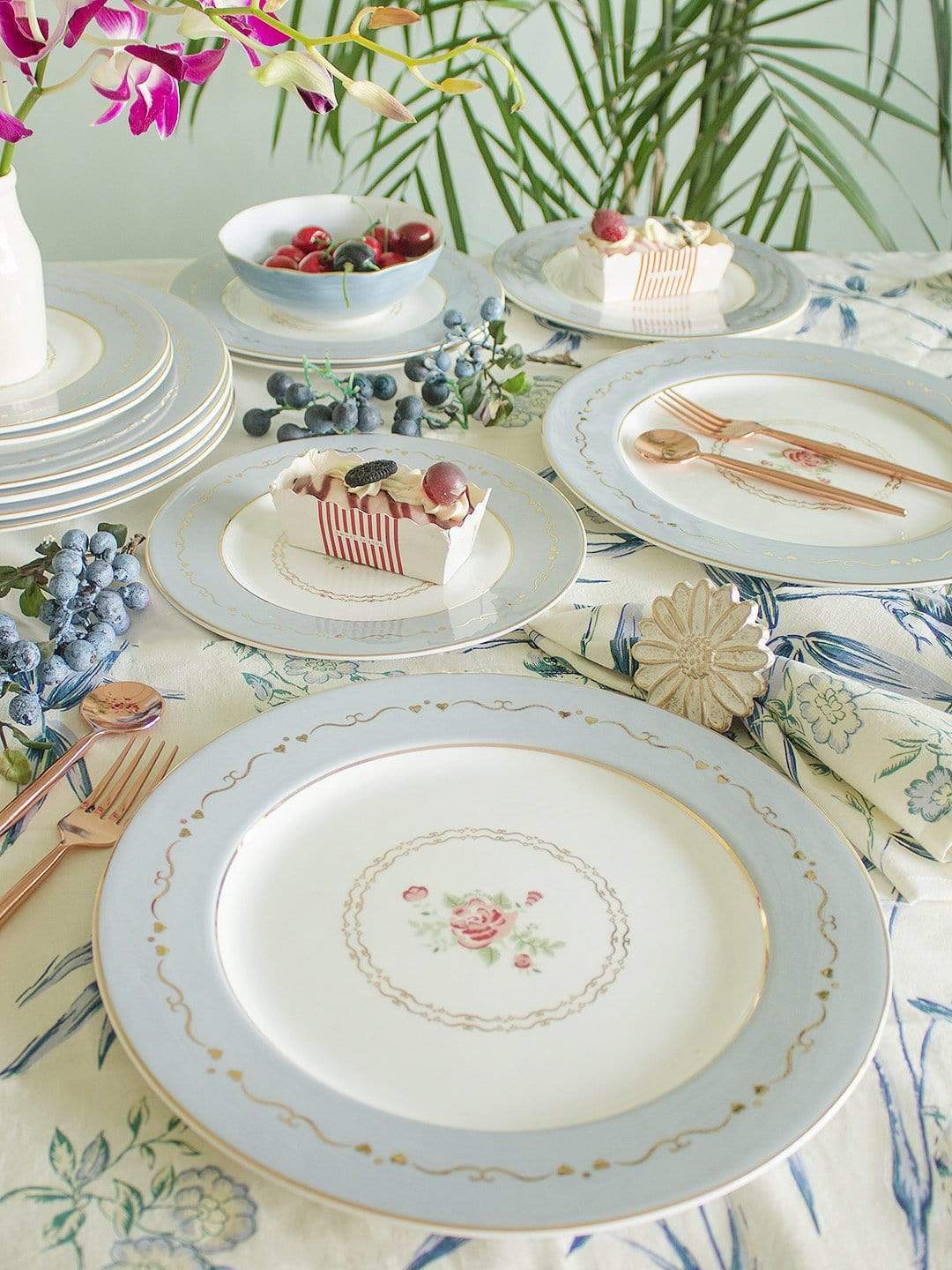 Vintage Rose Dessert Plates Set of 6 -Powder Blue