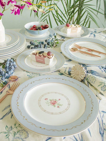 Vintage Rose Dessert Plates Set of 6 -Powder Blue