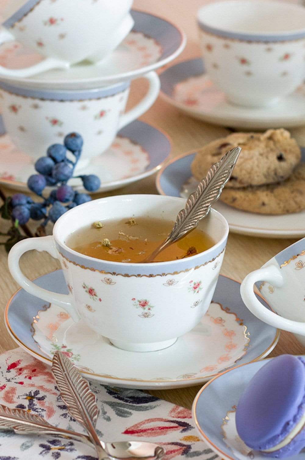 Vintage Rose Teacup & Saucer Set of 6 - Powder Blue